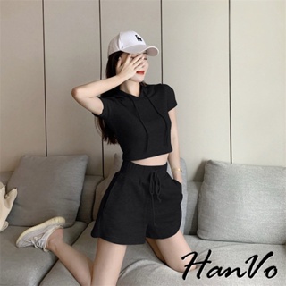 【HanVo】抽繩連帽短袖套裝兩件式套裝 連帽短版休閒運動套裝 韓系女裝 女生衣著 5993