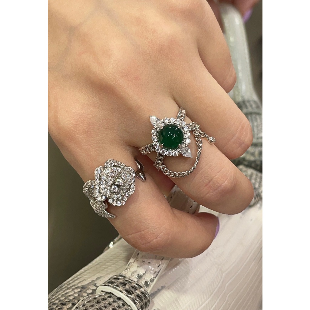 巴黎珠寶💎帝王綠🍃天然蛋面綠玉髓鏈條雙層戒指
