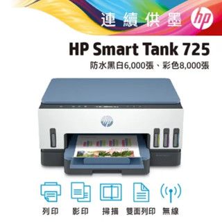 《原廠全新機》HP Smart Tank 725 相片彩色無線連續供墨多功能印表機<搭配店家專用墨水有店家保固>