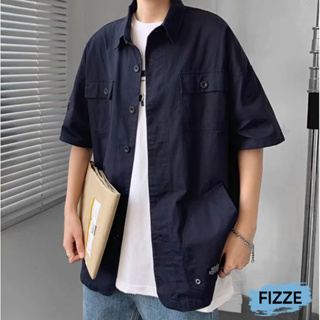 純棉短袖襯衫 寬鬆短袖工裝襯衫 多口袋休閒外搭上衣(C27#)【FIZZE】