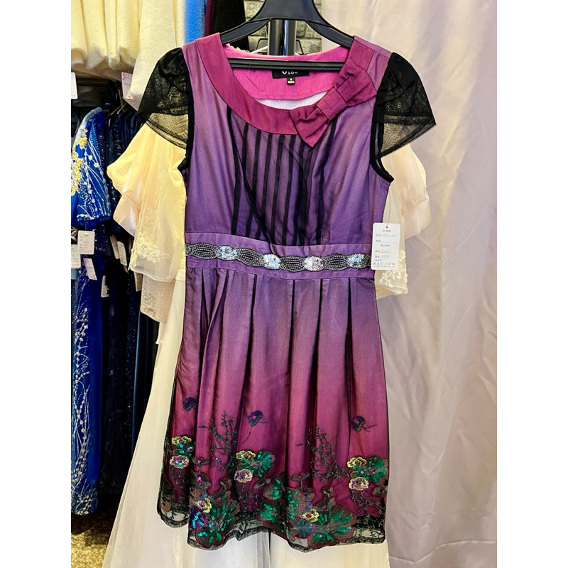 媽媽禮服洋裝 紫紅色漸層 網紗蕾絲亮片側邊拉鍊 尺碼M
