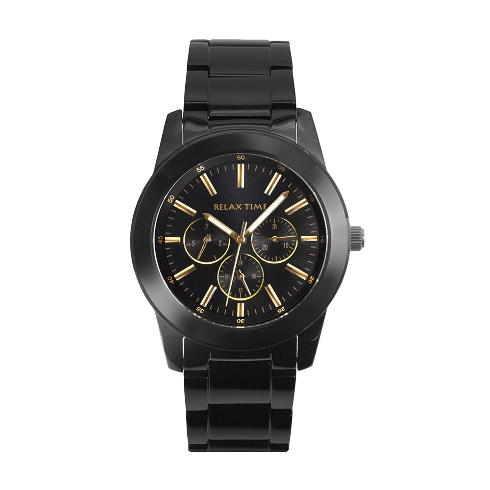 Relax Time 三眼系列 黑框 黑面 金色刻度 不鏽鋼錶帶 三眼腕錶 手錶 男女適用-R0800-16-21X