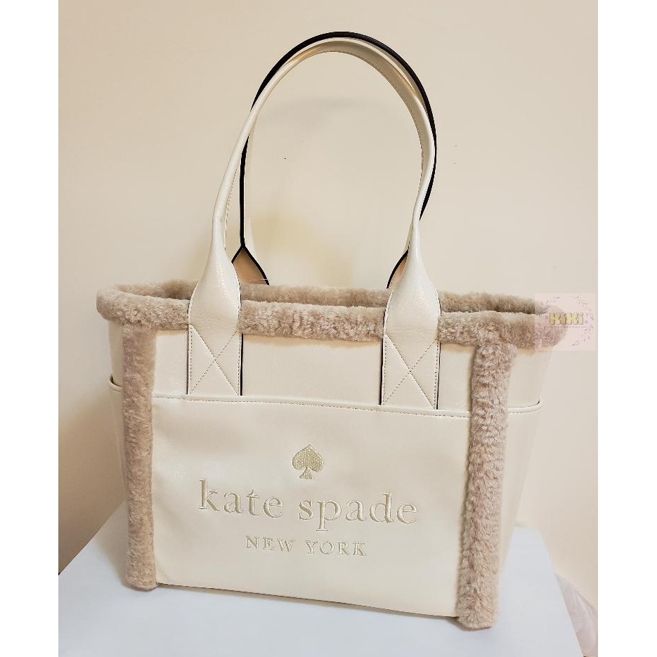 KiKi美國代購🌼毛絨絨奶白 Kate Spade Jett 刺繡 大托特 KS 拉鍊 托特包 肩背包 旅行 通勤