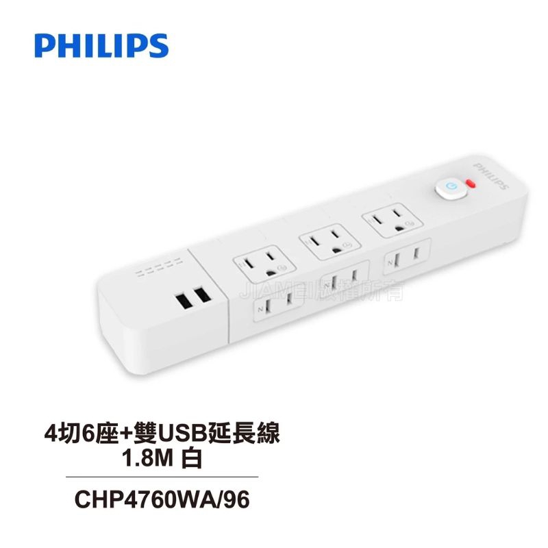 PHILIPS飛利浦4開6座雙USB 延長線(白色) 扁頭延長線 延長插座 CHP4760