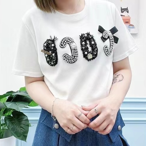 《現貨不用等》韓國同步 小香風 COCO 蝴蝶結 鑲珍珠鑽石 棉T T恤