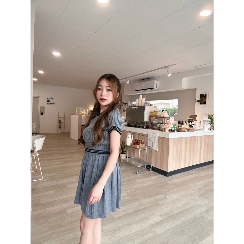 韓系學院風針織蝴蝶結上衣+彈性鬆緊百褶裙套裝PE8891