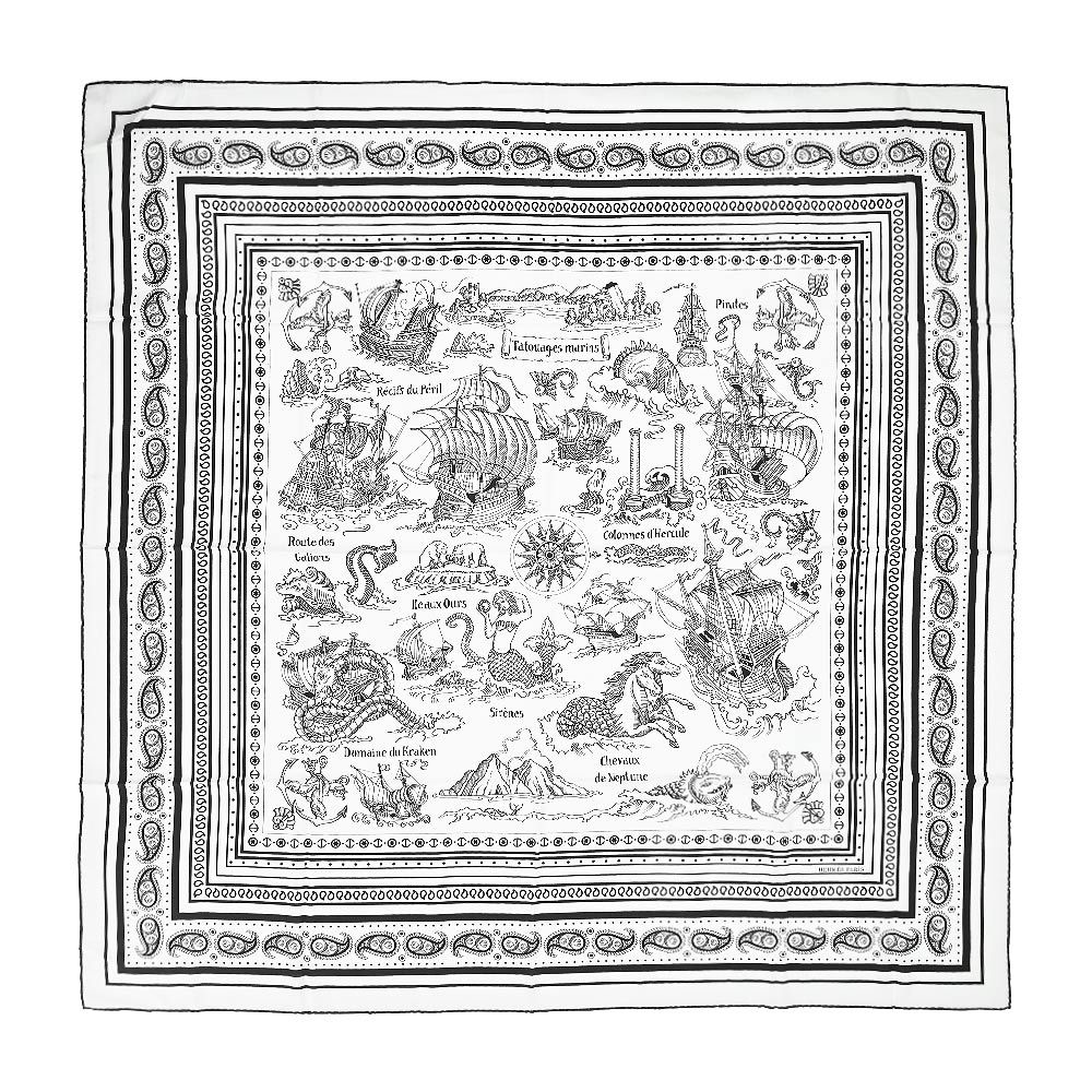 Hermes 愛馬仕 Tatouages Marins Bandana 140cm手工捲邊喀什米爾真絲混紡方巾(白/黑)