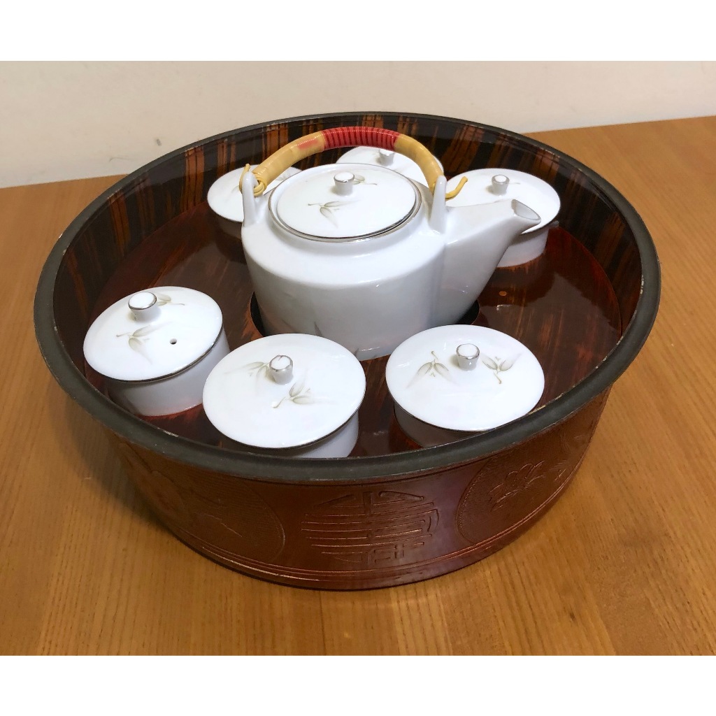 大同磁器 台灣早期 懷舊 竹葉 高級茶具組 茶器組(1茶壼6茶杯含蓋 )  附圓形盒裝托盤 古早味 可店面擺飾或使用