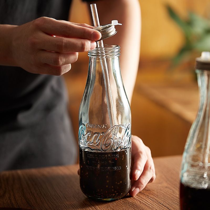 【LC】進口可樂玻璃瓶帶蓋吸管杯水杯家用小號透明牛奶飲料果汁瓶子空瓶
