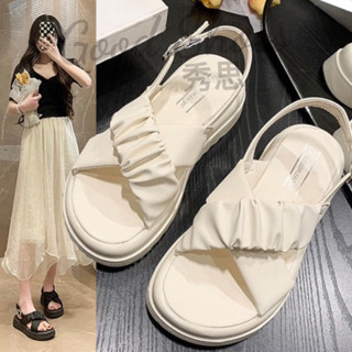 百搭顯瘦😍抓皺交叉厚底增高涼鞋【臺灣現貨快速出貨】厚底涼鞋 拖鞋 休閒涼鞋 平底涼拖鞋 鬆高涼鞋 一字涼鞋 編織涼鞋