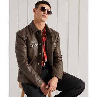 跩狗嚴選 極度乾燥 Superdry Workwear 復古 牛仔夾克 真皮 皮衣 外套 皮夾克 咖啡色 襯衫