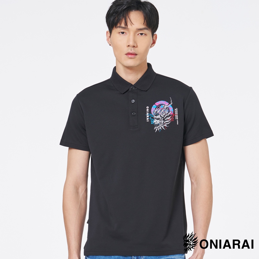 BLUE WAY 鬼洗 ONIARAI - 男款 和藝術彩色側鬼短袖POLO衫(黑)