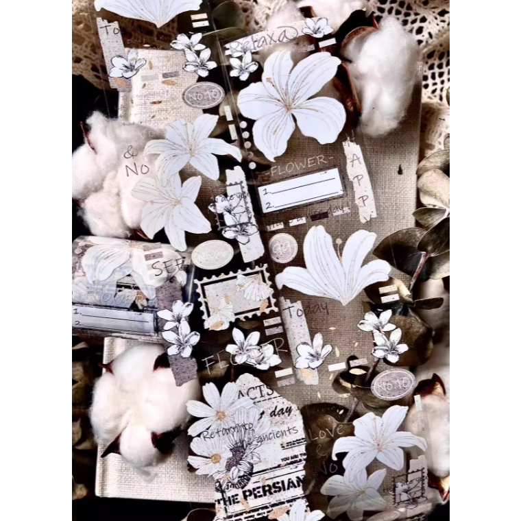 ♡海外マステ♡ 霖蓝汐原创手账  さん  怀旧拼貼（PET） 霖蓝汐原创新品【墨韵印花痕】复古花花拼图手账胶带pet