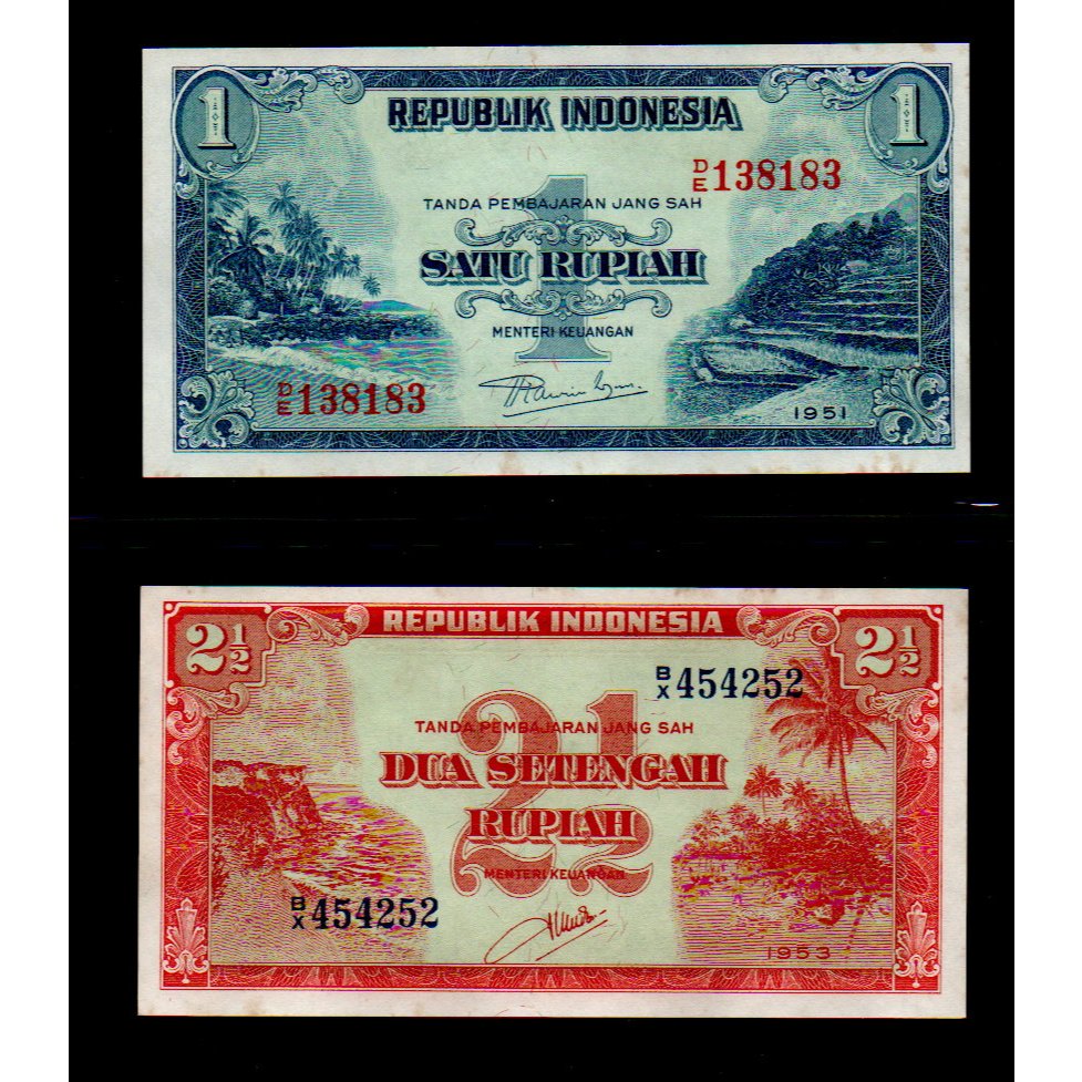 【低價外鈔】印尼 1951-53年 1- 2½ Rupiah 紙鈔二枚一組 P38&amp;41 絕版少見~95~98新