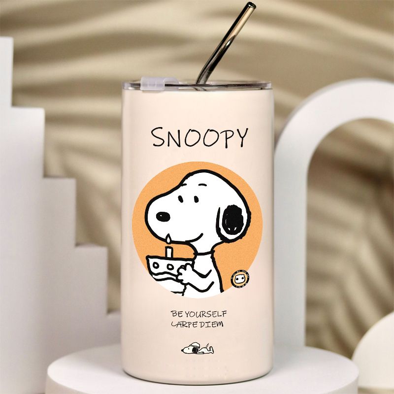【LC】snoopy史努比保溫杯ins小眾咖啡杯兩用帶蓋吸管杯金屬不鏽鋼冰霸