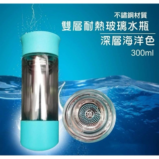 FSK雙層耐熱玻璃水瓶 淺藍色 透明300ml