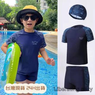 臺灣現貨快速出貨 男童大尺碼兩件式泳衣+泳帽 大童速乾透氣 青少年學生泳衣 胖童 男孩泳衣 兒童泳衣 編603