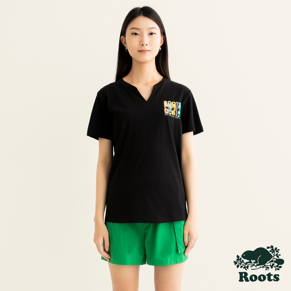 【Roots】女裝-海洋生活家 夏日海洋剪影有機棉開襟短袖T恤