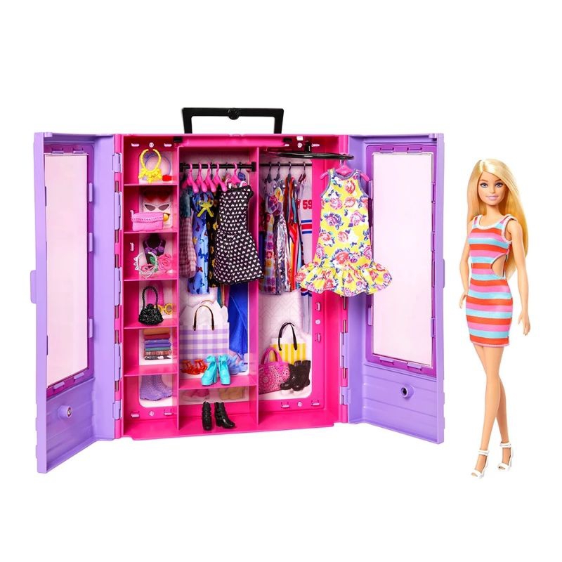 正版 芭比手提衣櫥擴大版 附芭比娃娃 衣櫃收納 配件 MATTEL 美泰兒 扮家家酒 女孩玩具