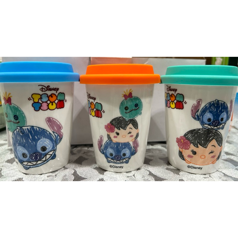 全新 迪士尼Tsum Tsum 史迪奇陶瓷杯組（三入） 陶瓷隔熱杯含矽膠杯蓋