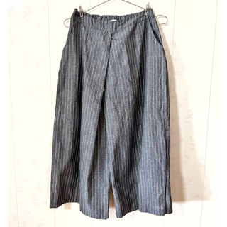 [全新]設計感不對稱剪裁麻紗布料灰色線條寬褲長褲L