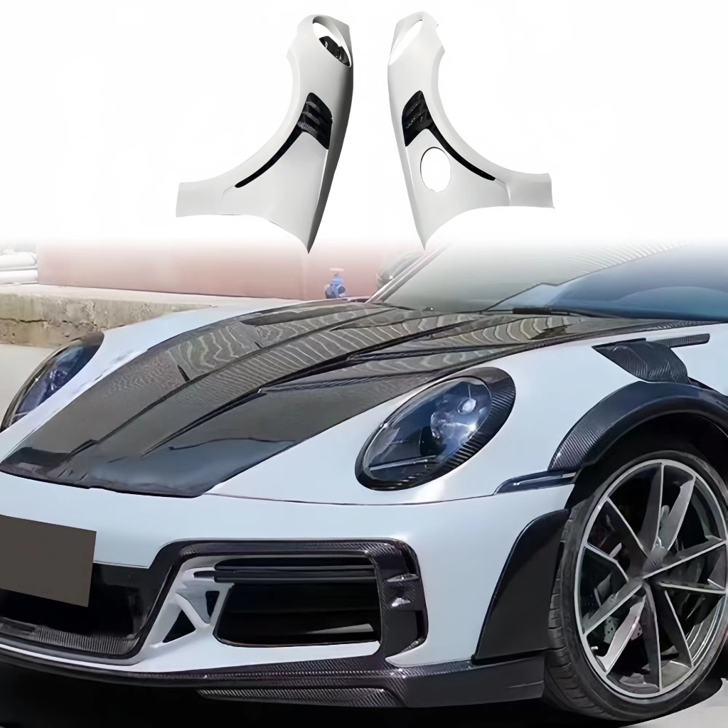 適用於Porsche 911 992 乾式碳纖維GT3樣式-乾碳葉子板 升級992GT3乾碳前擾流卡夢車身裝飾乾碳配件