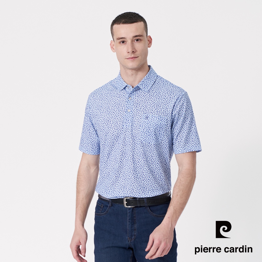 【pierre cardin 皮爾卡登】男款 吸濕速乾微彈性TOP印花短袖襯衫領POLO衫-藍色 (5247285-36