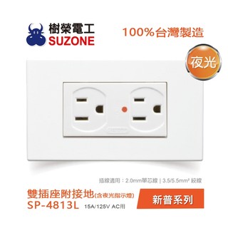 【樹榮電工SUZONE】雙插附接地(含夜光指示燈)/100%台灣製造/新普系列 SP-4813L