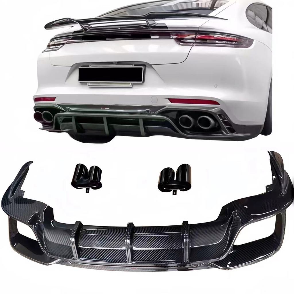 適用於Porsche Panamera 971 乾式碳纖維TAKD樣式-乾碳後下巴 升級乾碳後擾流後下巴尾飾管包圍套件