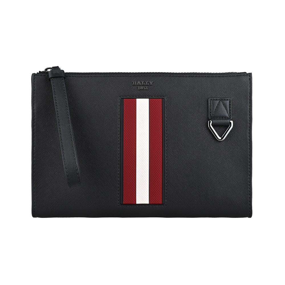 BALLY BALLY Makid經典立體字母LOGO紅白紅條紋設計牛皮拉鍊手拿包 黑 - Goodfind找推薦、比價格