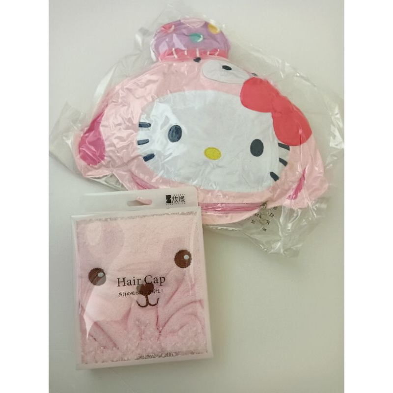 HELLO KITTY 抱枕毛毯組 + 超速乾吸水髮帽.粉紅小熊