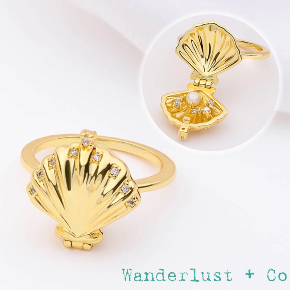Wanderlust+Co 澳洲品牌 金色貝殼戒指 內鑲寶石珍珠款 Sundaze Shell
