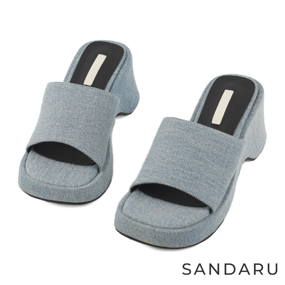 山打努SANDARU-拖鞋 方頭寬版牛仔布厚底拖鞋-淺藍