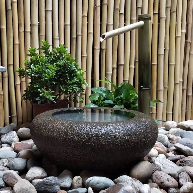 日式流水景觀室外石鉢竹子流水庭院裝飾石槽水景觀石缸水缸老水槽