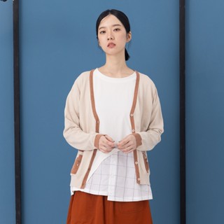 【MOSS CLUB】水獺君雙口袋配色門襟長袖針織外套 白 杏 灰 (魅力商品)