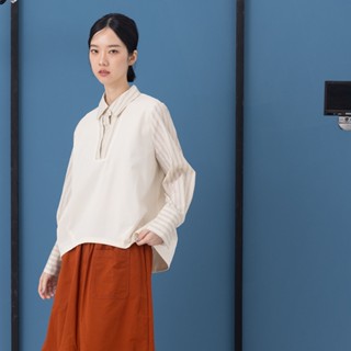 【MOSS CLUB】假兩件襯衫領繭型長袖上衣 藍 米 (魅力商品)
