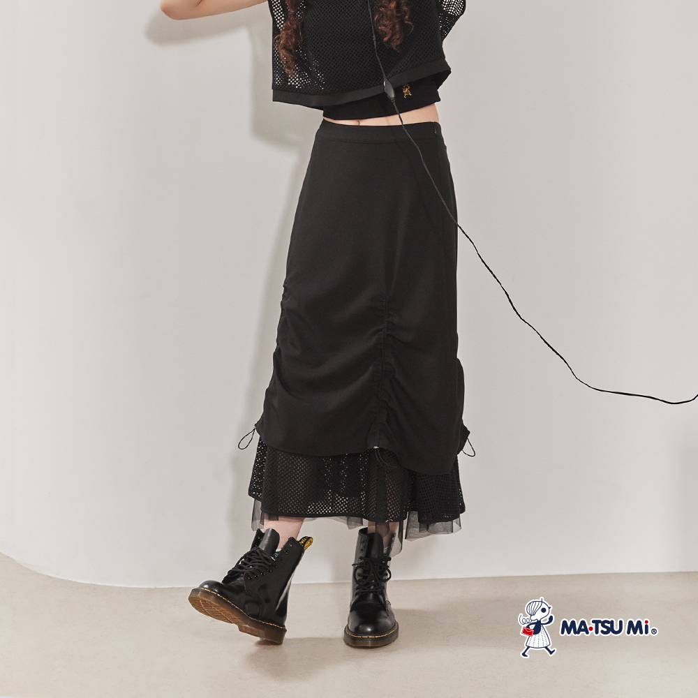 MA‧TSU Mi 抽繩工裝風層次網格長裙(黑)