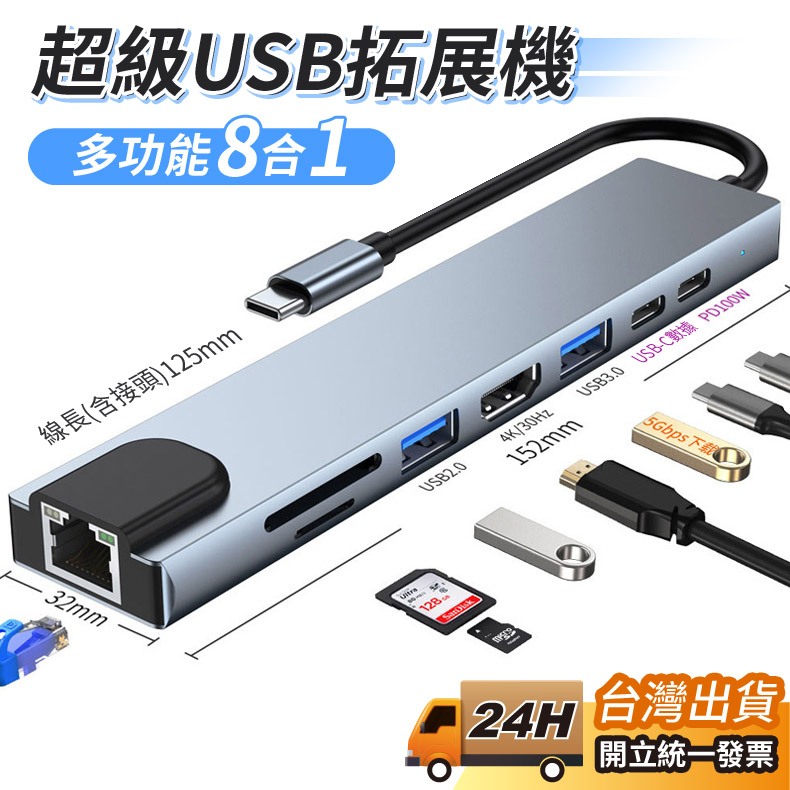 TypeC轉接器 網路 HUB集線器 讀卡機 HDMI USB3.0 多接口擴展器 擴展塢 擴充埠 多功能分線器