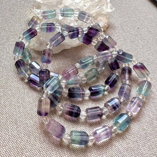 小極品-高透亮雙色 藍紫色 透亮 螢石 切面方柱桶珠手鍊6.5mm+（單圈）手珠手鍊DIY串珠手做項鍊