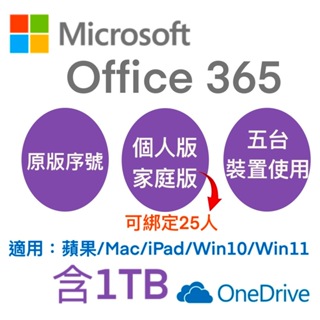 Microsoft 微軟 Office365 個人版 家庭版 序號+1T Onedrive 原版序號 五台裝置