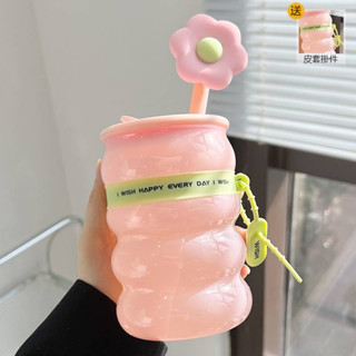 【臺灣現貨可愛專屬】官耳字母圈圈杯 女生大容量咖啡杯 奶茶杯 高硼矽玻璃帶蓋 耐高溫學生杯 吸管杯 可愛水杯 戶外水壺