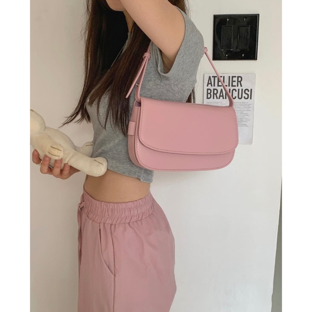 韓國設計師品牌lemego 翻蓋磁吸牛皮包包 俏皮粉色🎀 肩背包 手提包 腋下包 生日禮物 交換禮物 情人節禮物