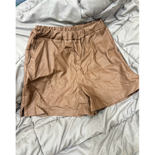 美拉德咖色皮短褲 鬆緊腰 短褲 皮褲