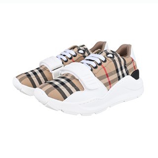 BURBERRY 立體白字 LOGO 棉質重疊格紋拼小牛皮混多材質休閒運動鞋(女款/典藏米x白x黑)