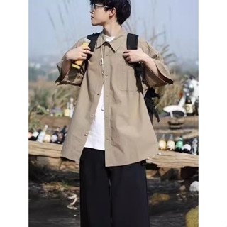 YG-服飾 短襯衫 上衣 短袖襯衫 襯衫外套 休閒襯衫 冰絲短袖襯衫 大呎碼翻領五分袖韓版襯衫 夏季薄款潮襯衫