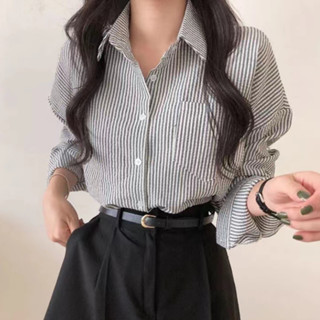 胖胖美依 襯衫 雪紡衫 長袖上衣 S-2XL韓國chic復古寬鬆慵懶條紋長袖襯衫NE335-8916.