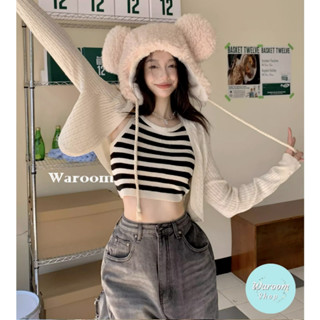 Waroom|現貨實拍 S186 Y2K 短版針織背心+外套兩件套|女裝短袖背心|針織外套|套裝|短袖上衣|少女|夏裝