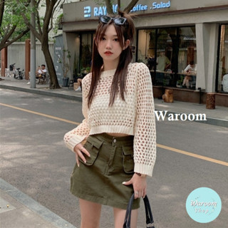 Waroom|現貨售完不補 S04 韓系圓領套頭長袖鏤空針織衫|女裝|針織上衣|洞洞|辣妹|罩衫|露臍|短版|比基尼