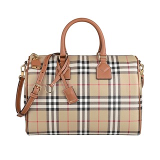 BURBERRY壓印皮標圖案LOGO拼接格紋設計拉鍊手提肩背保齡球包(中/典藏米x焦糖棕)