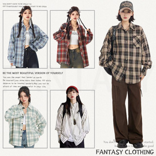 【FANTASY】復古格紋長袖襯衫 韓版 條紋外搭上衣 ins 休閒外套 小眾襯衣 慵懶風上衣 學生外套 潮流 薄外套女